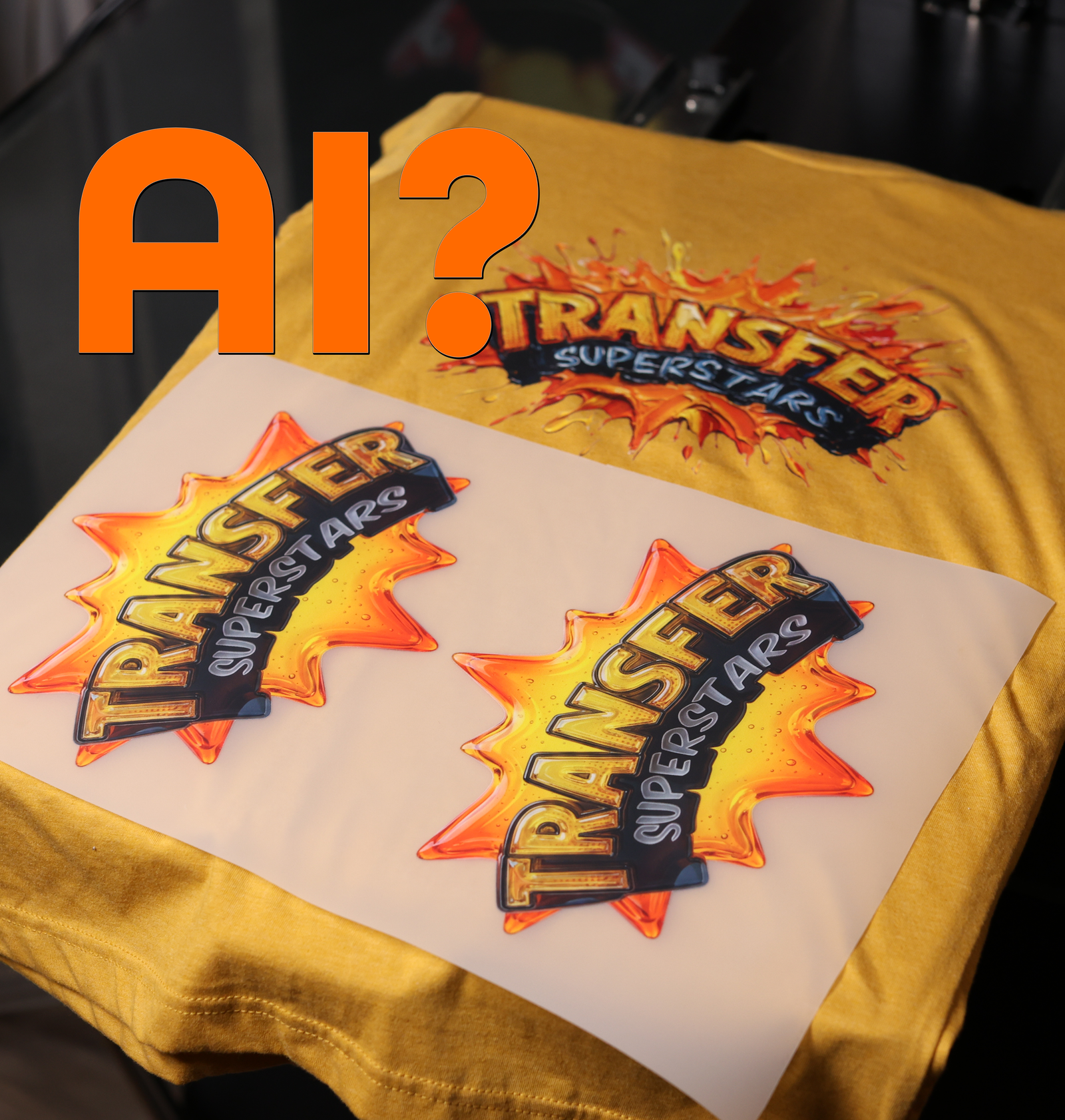 AI-generated DTF transfer artwork printed on a gold t-shirt beside the transfer film