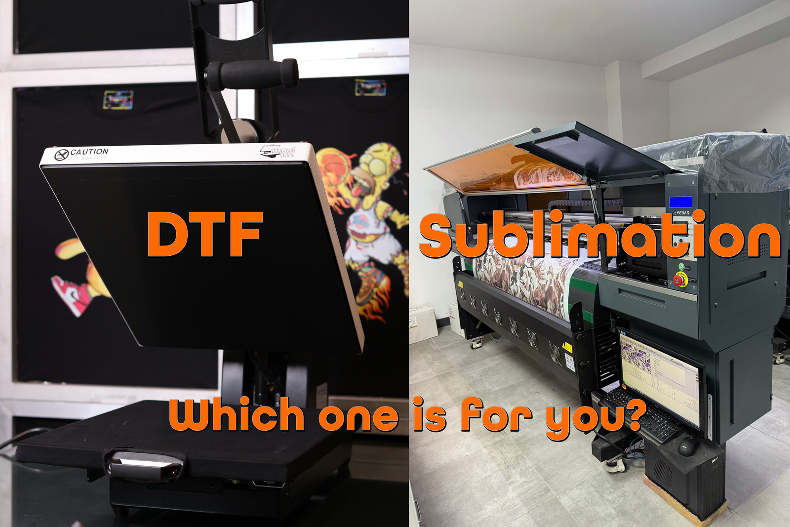 Comparison chart of DTF vs sublimation printing by fabric, cost, and durability