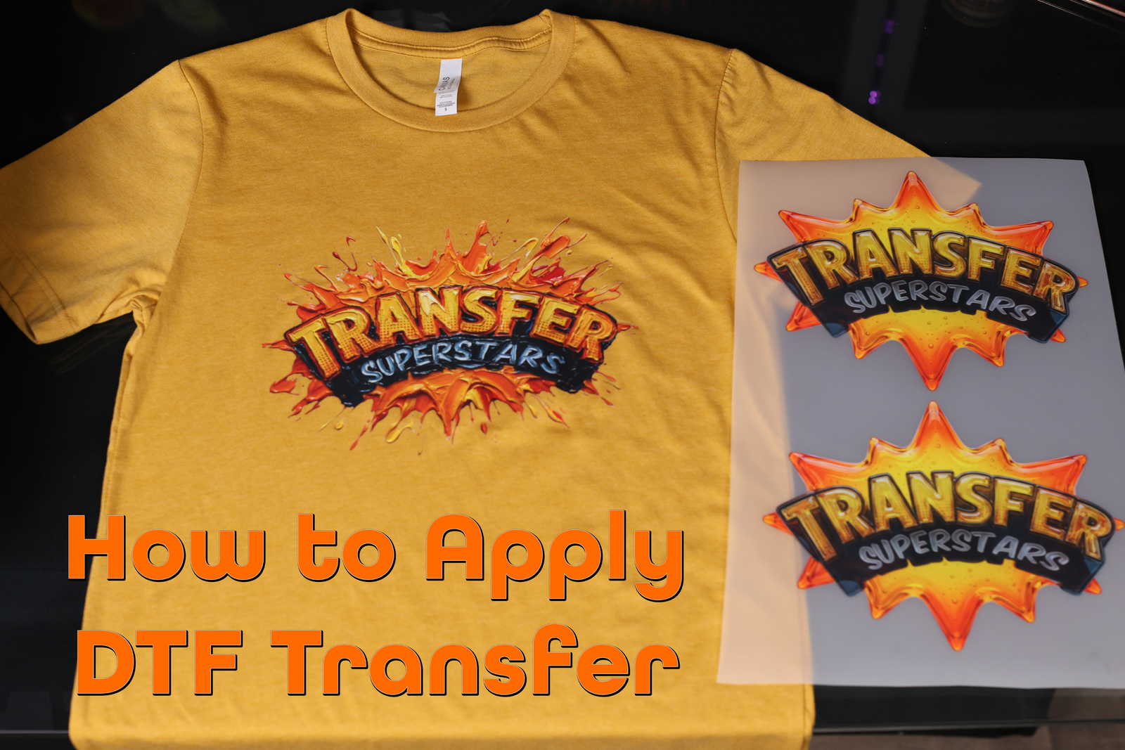 DTF transfer film sheet beside a gold t-shirt with the pressed Transfer Superstars logo