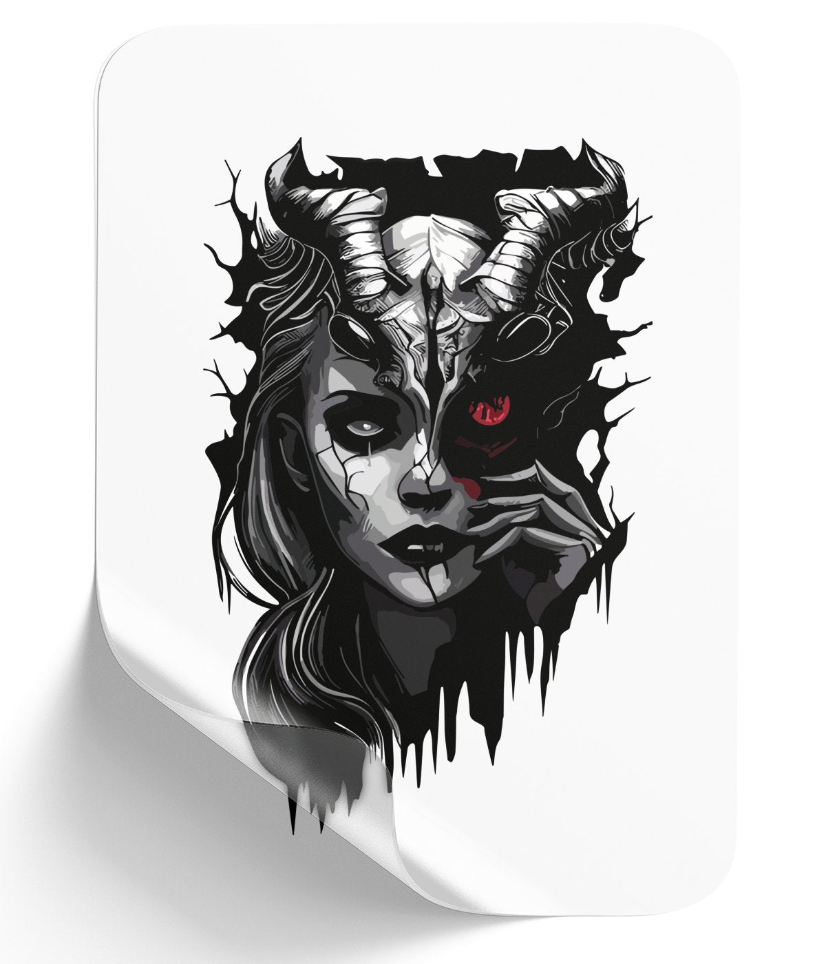 split-face-witch-with-red-eye-and-butterfly_-striking-black-and-white-artwork - DTF Single Peel WB