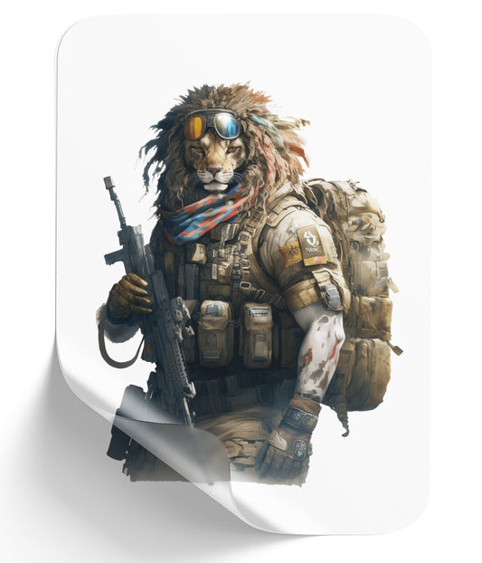 lion-warrior_-unique-hybrid-character-with-backpack-and-gun - DTF Single Peel WB
